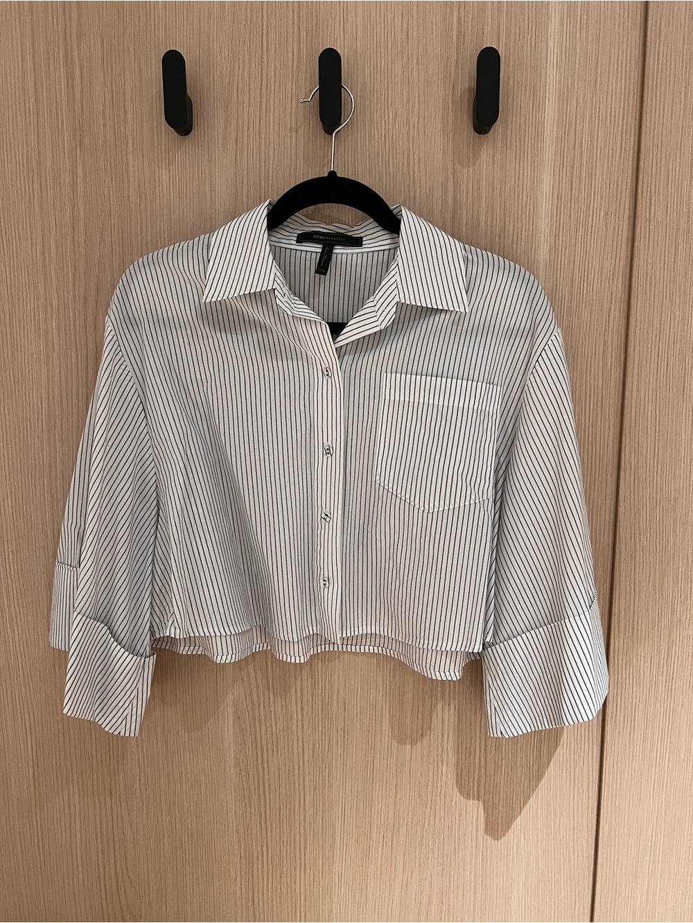 BCBGMaxAzria Cropped Button-Down Shirt - White with Black Pinstripes